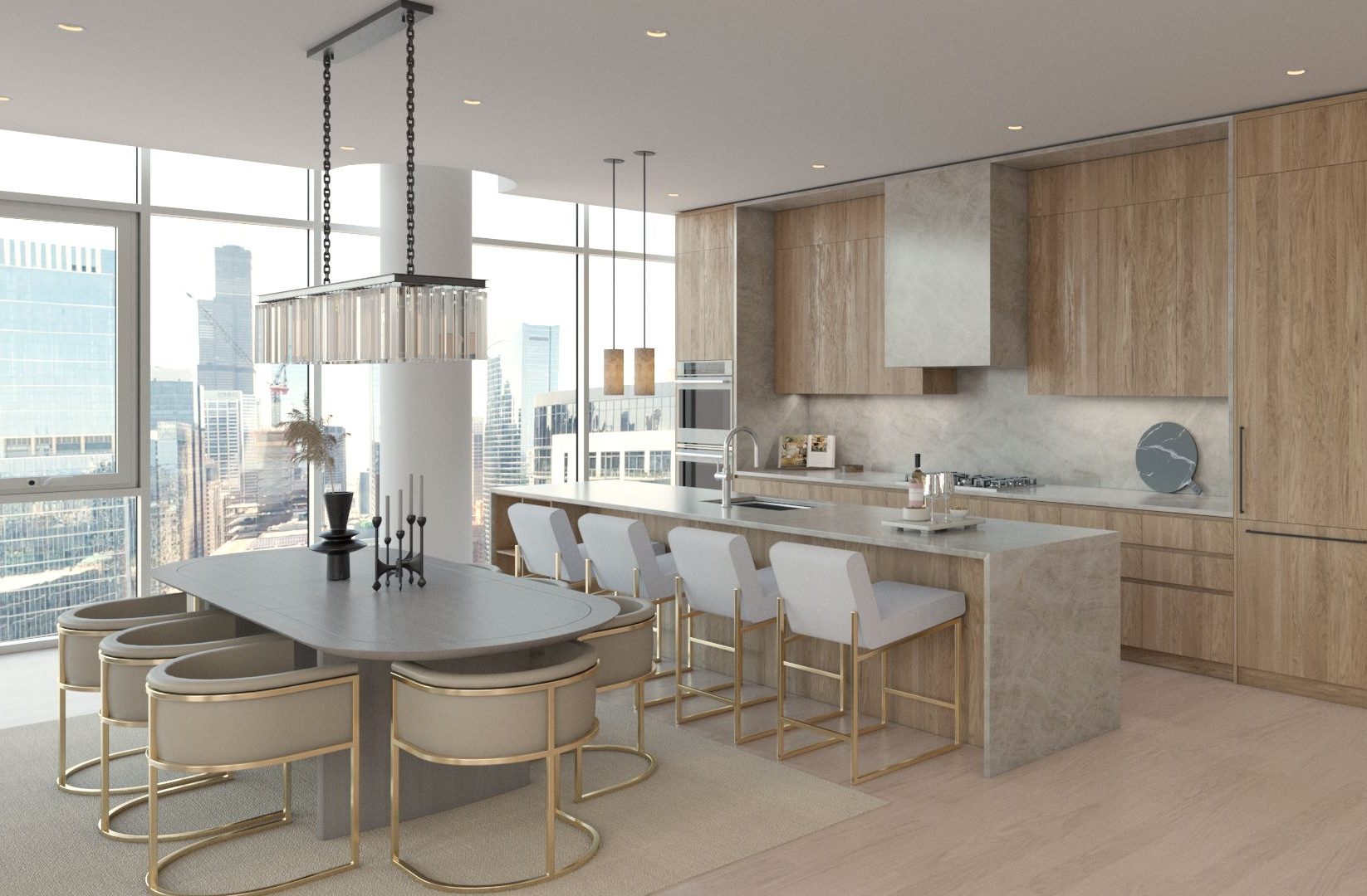 Modern kitchen and dining area with light wood cabinets, marble countertops, and a large island with four white bar stools. A dining table with six beige chairs sits under a rectangular chandelier. Large windows show a cityscape view.
