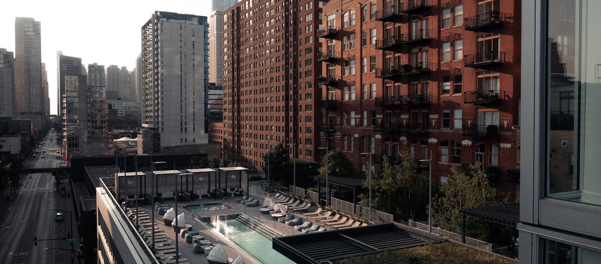Flyover shot of level Chicago river north