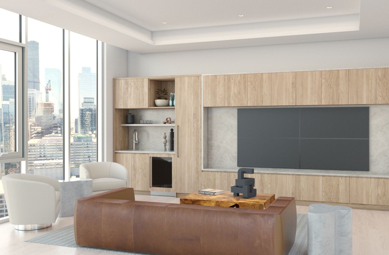 Modern living room with large windows showing a city skyline, wood cabinetry, a brown leather sofa, two white chairs, a wooden coffee table, and built-in shelves with decor items. The space is bright and airy.