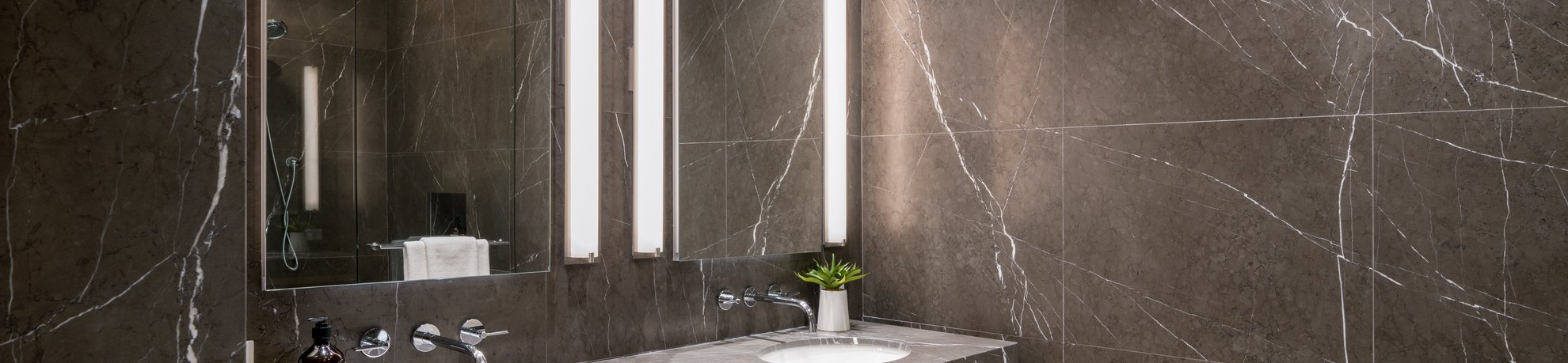 Modern bathroom with dark marble walls and countertop, a large mirror with vertical lights on each side, a built-in sink, silver fixtures, and a small green potted plant by the sink.
