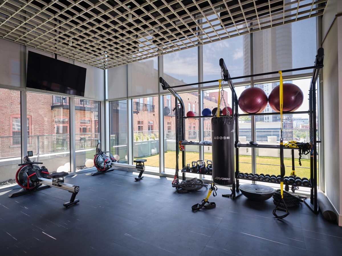 A modern gym with large windows, exercise equipment including rowing machines, stability balls, resistance bands, ropes, weights, and a pull-up station, with views of buildings and greenery outside.