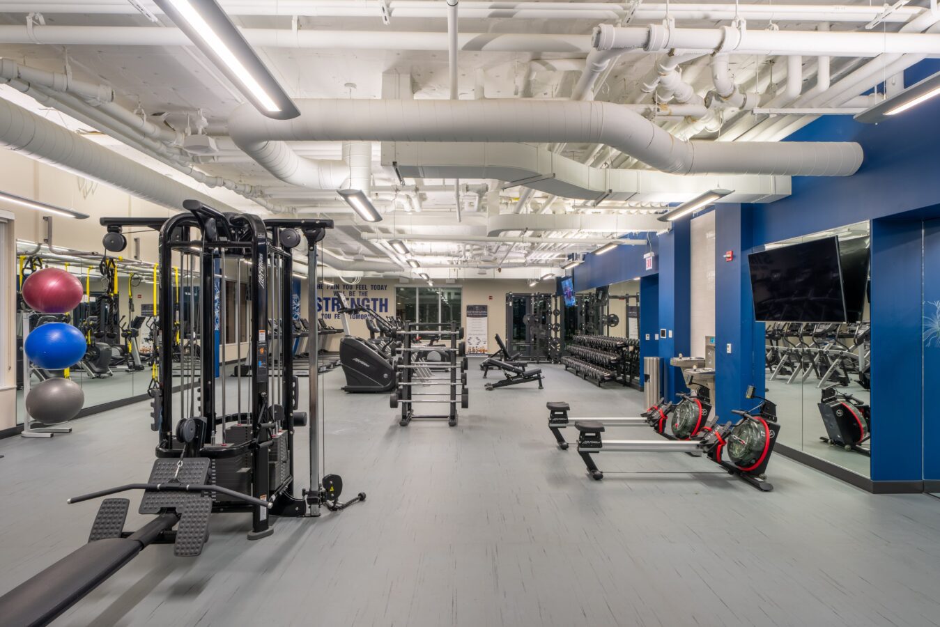 Modern gym with various exercise equipment, including weight machines, free weights, medicine balls, stationary bikes, and rowing machines. The room is spacious, well-lit, and features mirrors and blue accent walls.