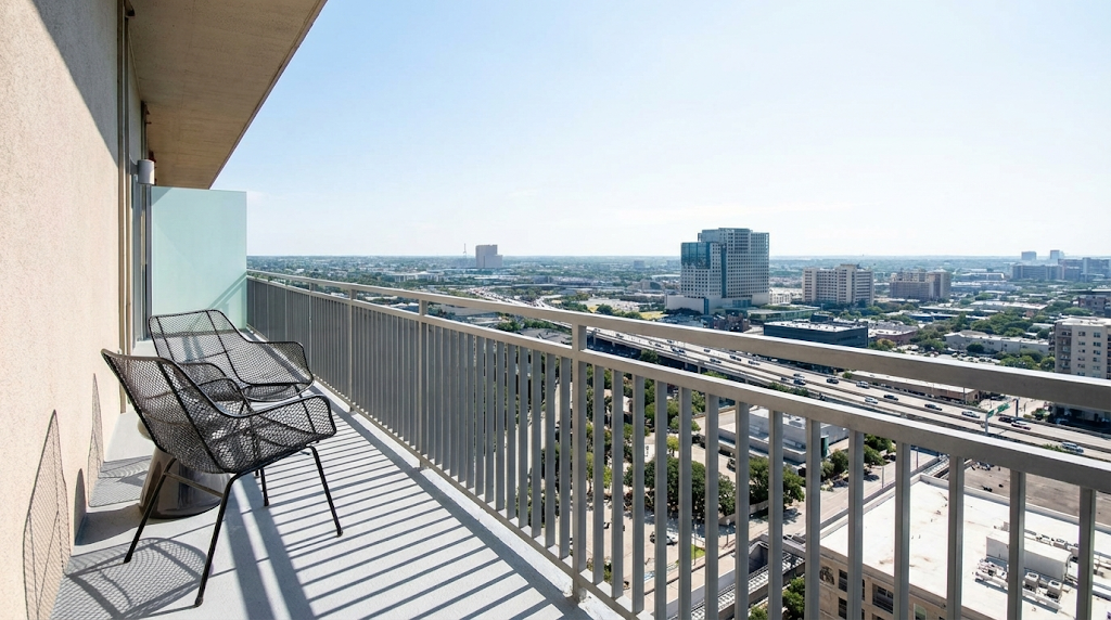 A high-rise balcony with metal chairs and a railing overlooks a cityscape with tall buildings, roads, and a clear, sunny sky.
