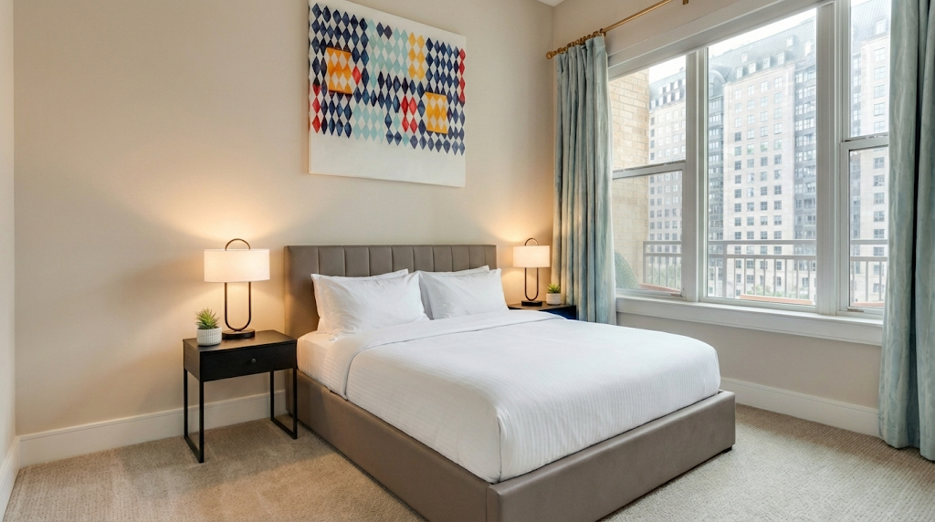 A modern bedroom with a gray upholstered bed, white bedding, two bedside tables with lamps, a small plant, large windows with blue curtains, and a colorful geometric painting above the bed.