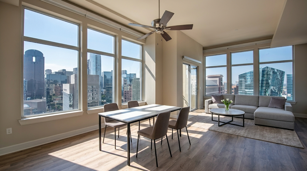 Modern living and dining area with large windows offering a panoramic city view, a table with four chairs, a gray sofa, round coffee table, and ceiling fan. Sunlight fills the bright, open space.