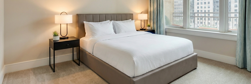 Modern bedroom with a neatly made bed, two bedside tables with lamps and a small plant, large window with city view, light-colored walls, and carpeted floor.