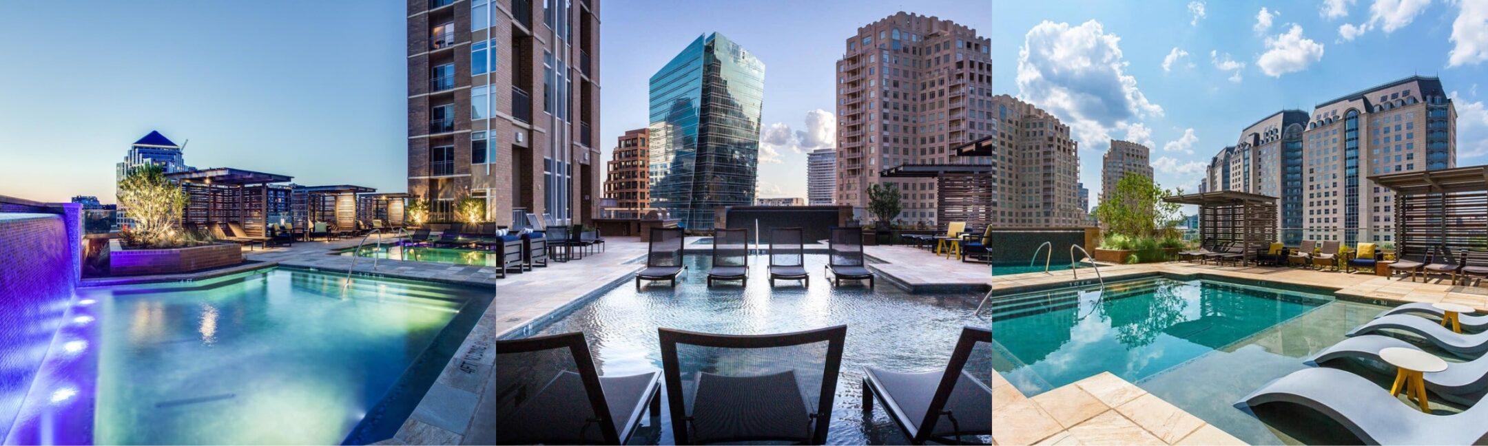 Three rooftop pools with lounge chairs, surrounded by tall city buildings under clear skies, each pool area featuring modern design and relaxation spaces.