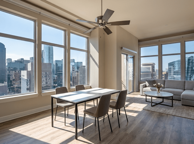 A modern, sunlit apartment with large windows, a dining table with four chairs, a ceiling fan, a gray sectional sofa, and city skyscrapers visible outside.