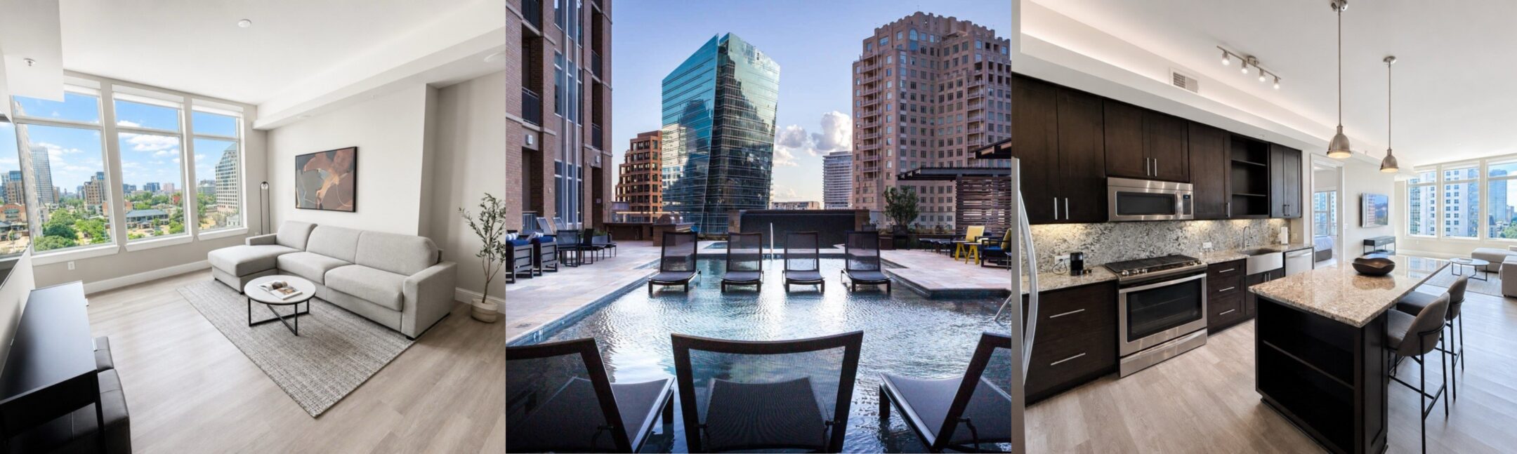 Three images: a bright living room with city views, a rooftop pool surrounded by lounge chairs and tall buildings, and a modern kitchen with dark cabinets and stainless steel appliances.