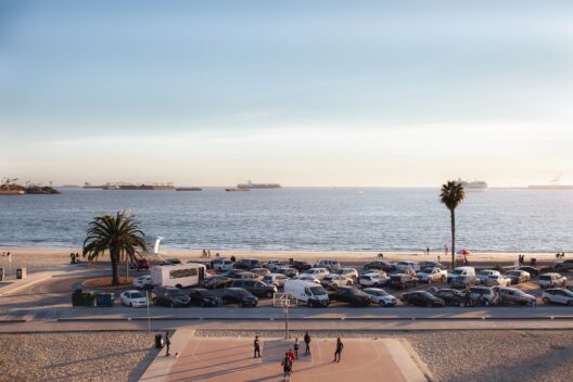 A group of people play basketball on an outdoor court near a beach, with parked cars, palm trees, and ships on the ocean under a clear sky in the background.