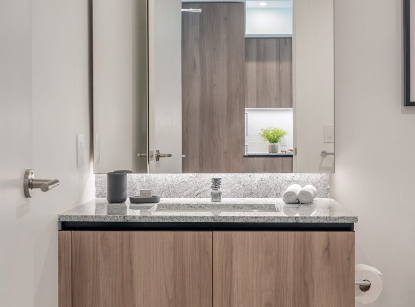 Modern bathroom with a light wood vanity, granite countertop, sink, mirror, towel roll, and small tray with cup and soap. A plant is visible in the reflection of the mirror. Minimalist and clean design.
