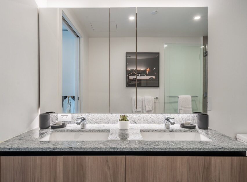 Modern bathroom with a double sink vanity, granite countertop, two faucets, and a small potted plant. Large mirrors are above the sinks, and a photo of a car is visible on the wall in the reflection.