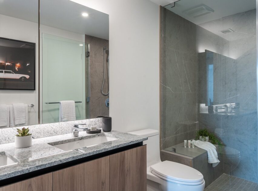 Modern bathroom with a large glass-enclosed shower, dual-sink vanity with granite countertop, potted plant, and toiletries neatly arranged. A towel hangs by the shower and framed art decorates the wall.