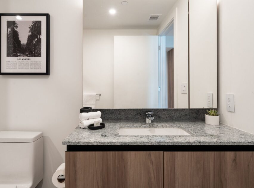 Modern bathroom with a granite countertop, wooden vanity, sink, rolled towels, a small potted plant, a wall mirror, and a framed black-and-white photo above the toilet. Walls are white and the space is minimalistic.