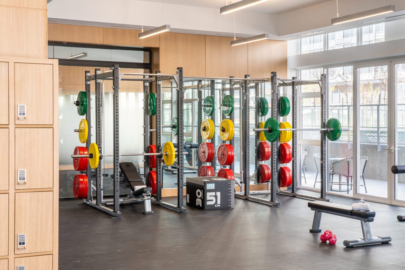 Modern gym with weight racks holding colorful weight plates, a bench press, plyometric box, dumbbells, and exercise bench. Large windows let in natural light; wooden lockers line one wall.