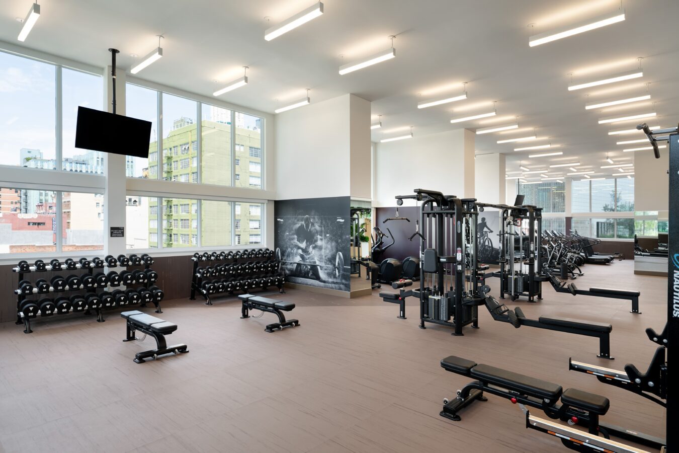 Spacious, modern gym with large windows, rows of dumbbells, weight benches, strength training machines, and cardio equipment. Natural light fills the open workout area.