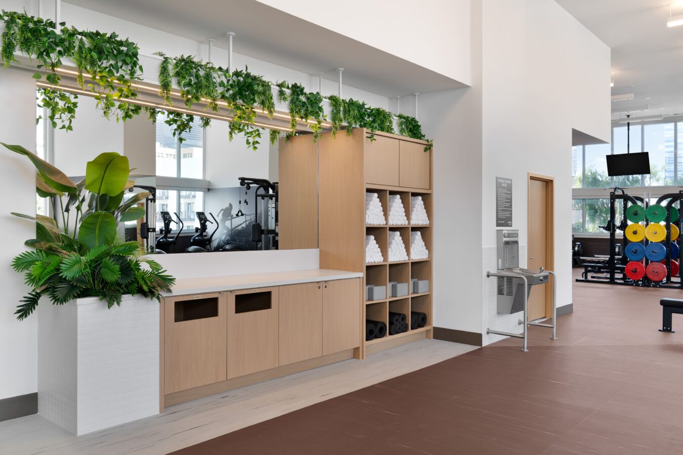 Modern gym interior with light wood cabinets holding neatly stacked white towels and black mats, greenery above the cabinets, and fitness equipment in the background. A water fountain and large windows are visible.