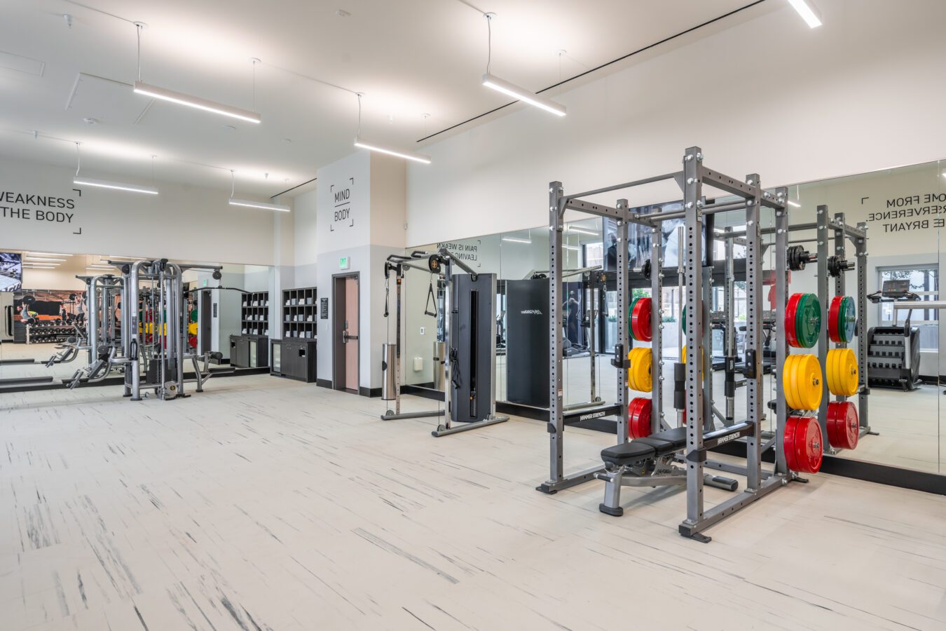 Modern gym with weight machines, free weights, cable machines, and colorful weight plates. Large mirrors line the walls, and motivational quotes are visible. The space is clean, bright, and spacious with light flooring.