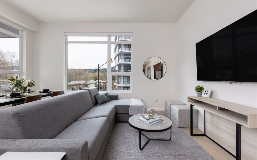 living area in spacious month to month rent furnished two bedroom apartment in port moody
