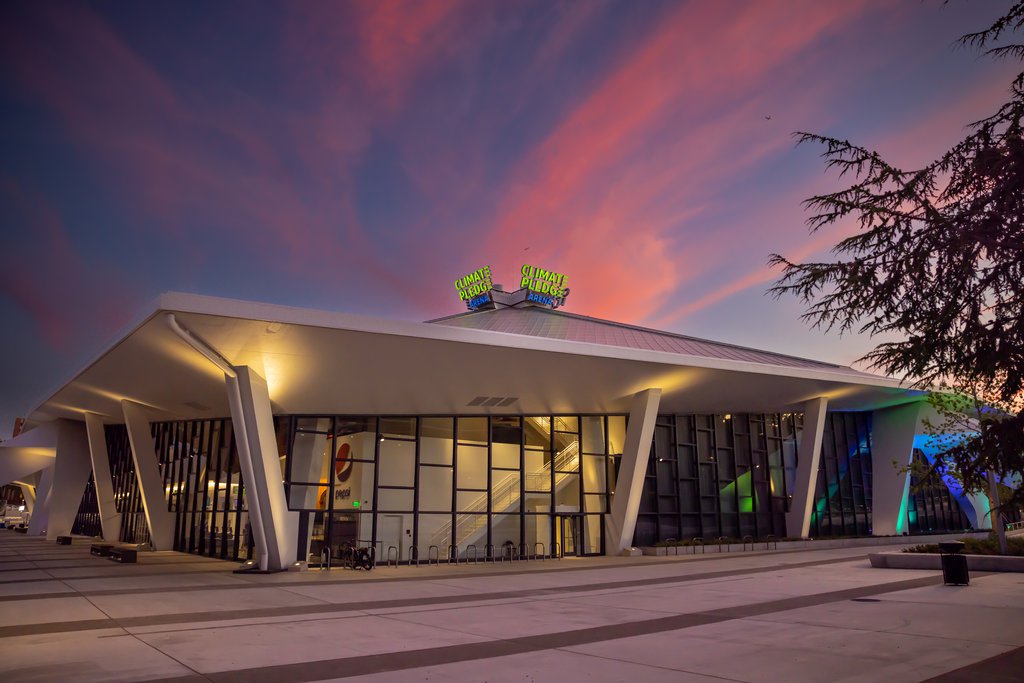 climate pledge arena building during sunset