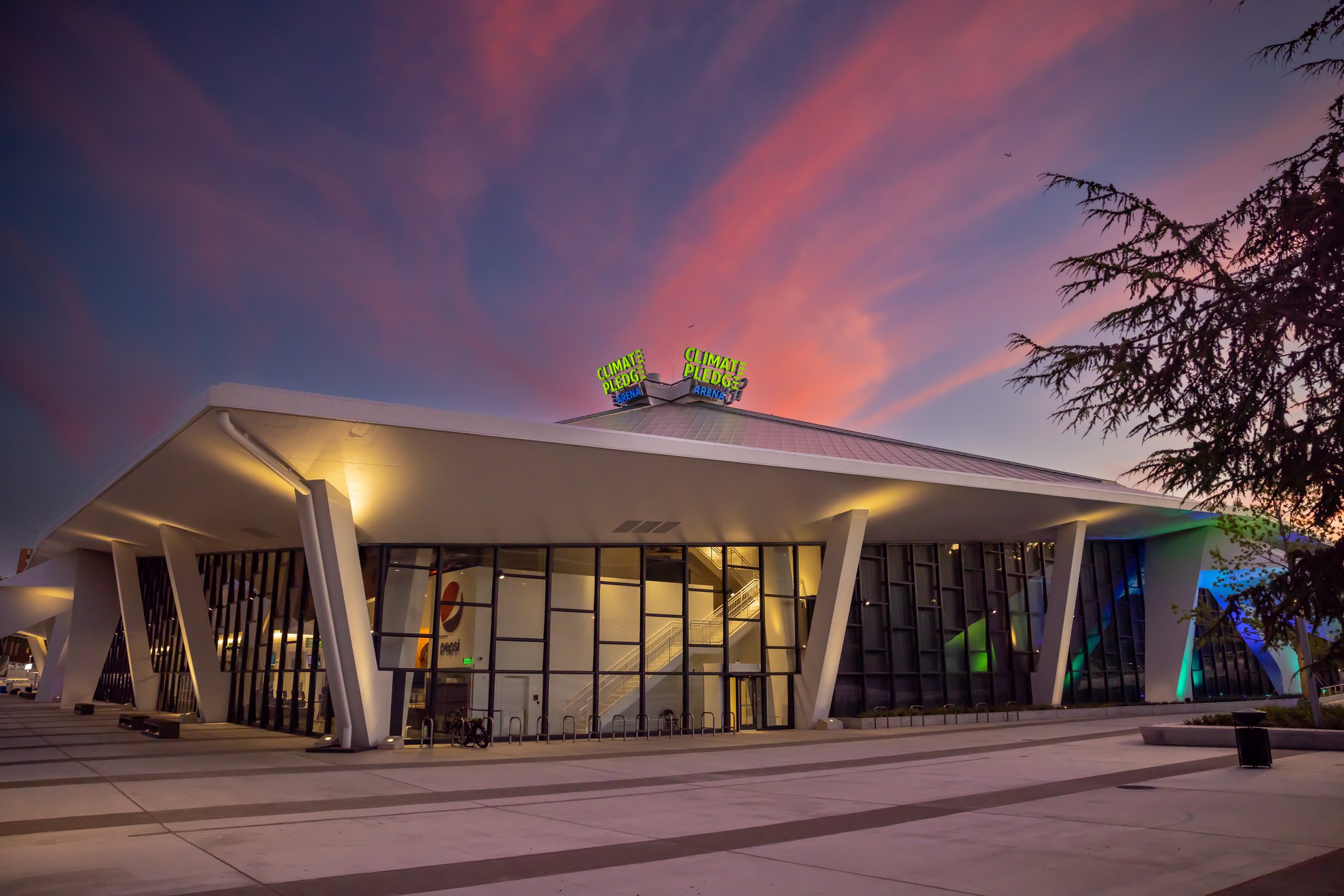 climate pledge arena building during sunset