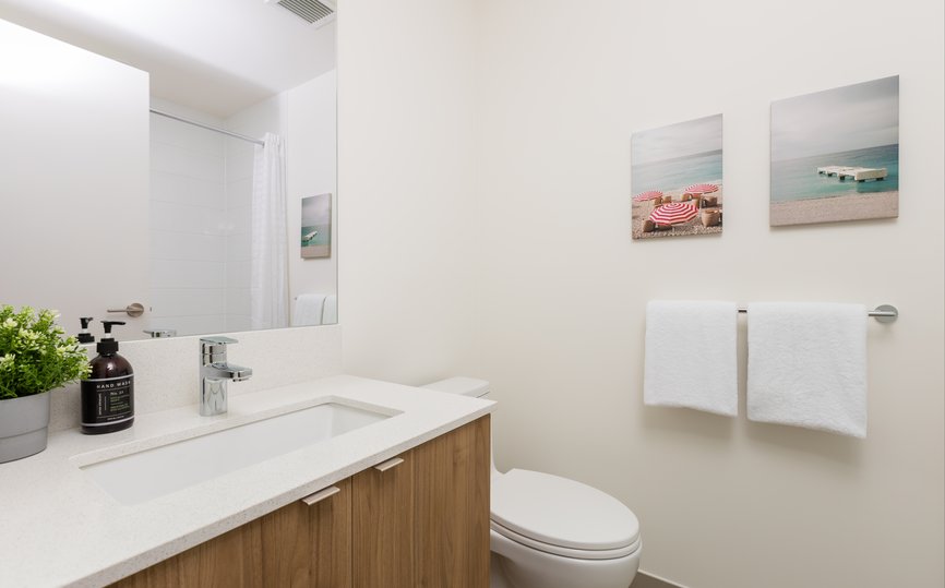 monthly one bedroom suite rental in port moody features modern bathroom with bath tub