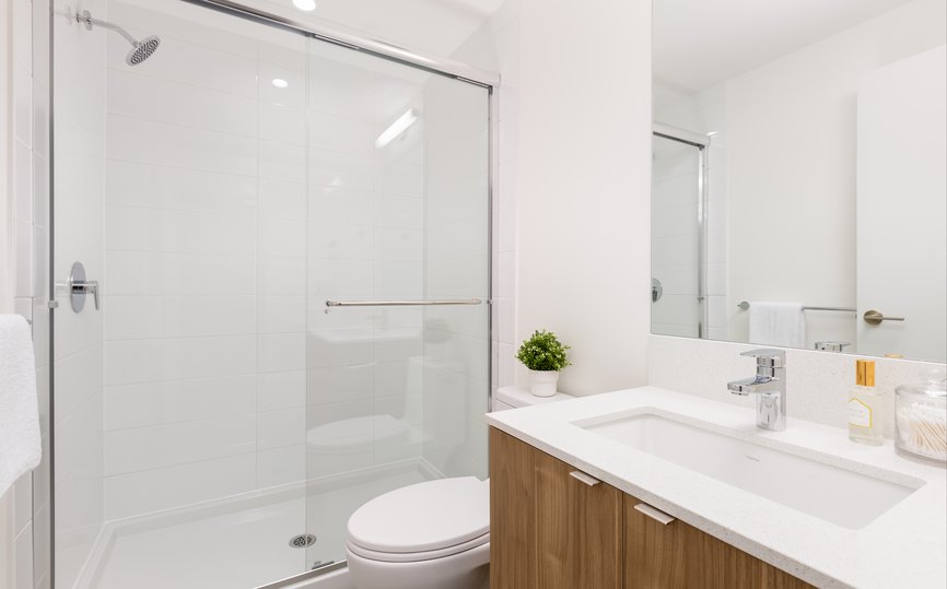modern bathroom in furnished three bedroom apartments in port moody with standing shower