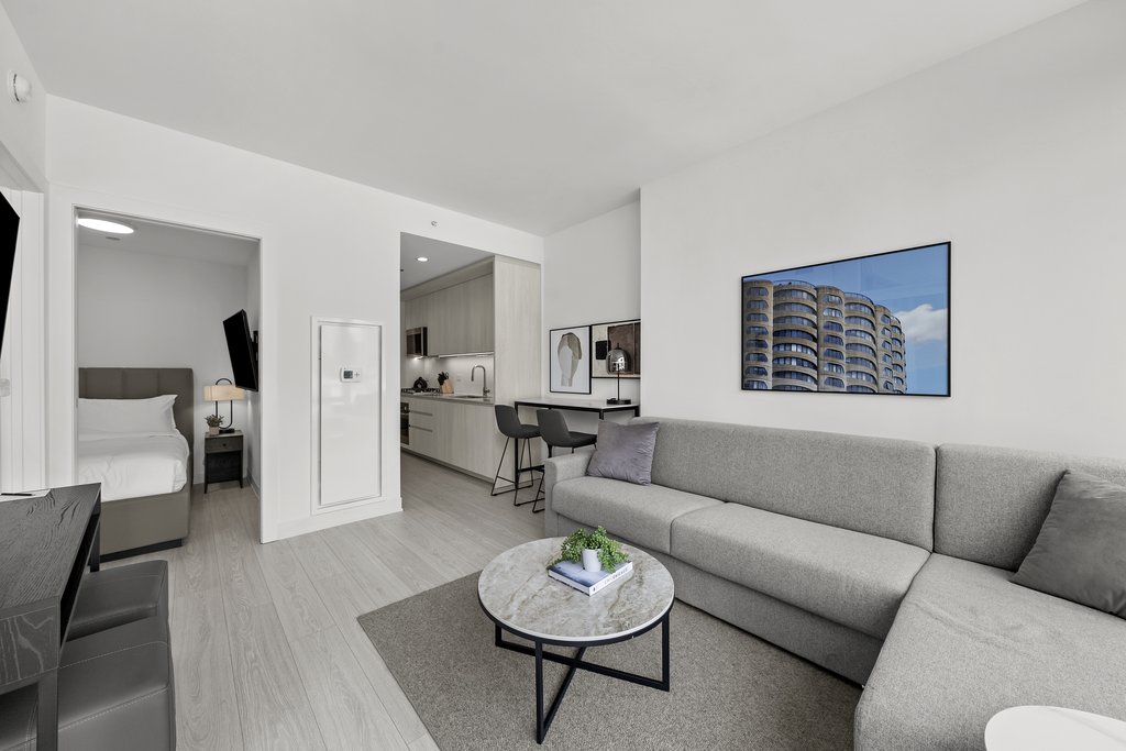 living area of junior two bedroom suite at level chicago fulton market
