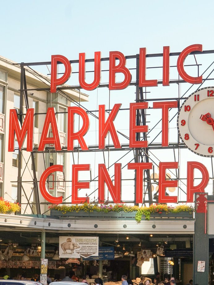 Pike Place Market sign at day time during summer in Seattle
