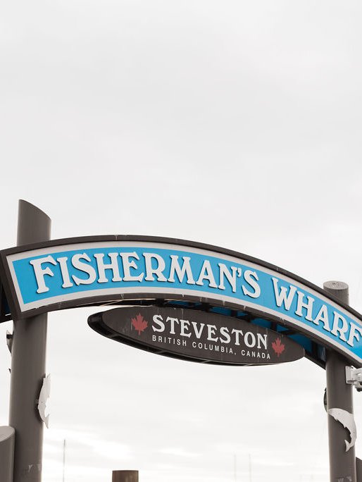 Steveston wharf Fishermans village sign in BC