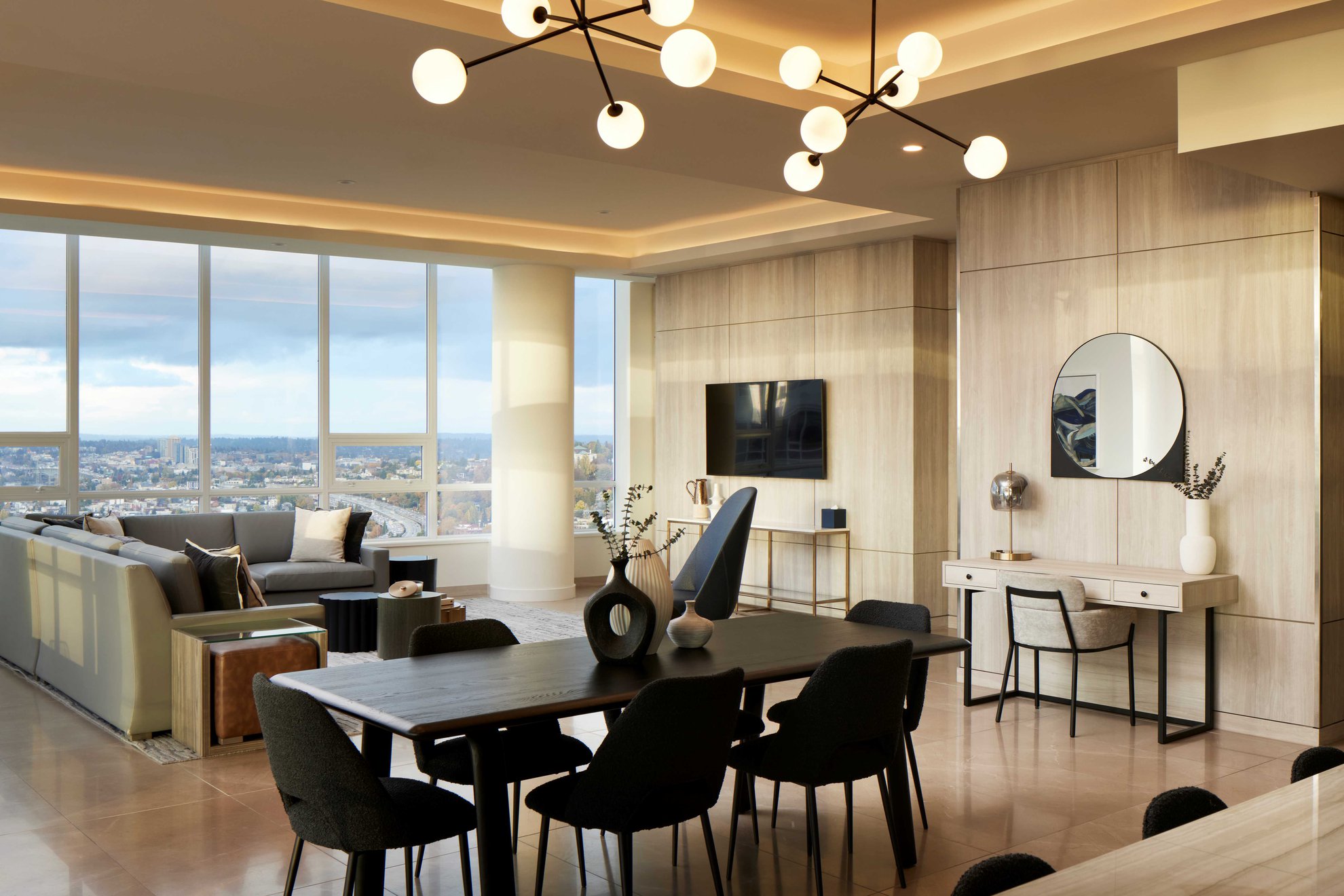 level seattle lake union penthouse dining room and living room areas