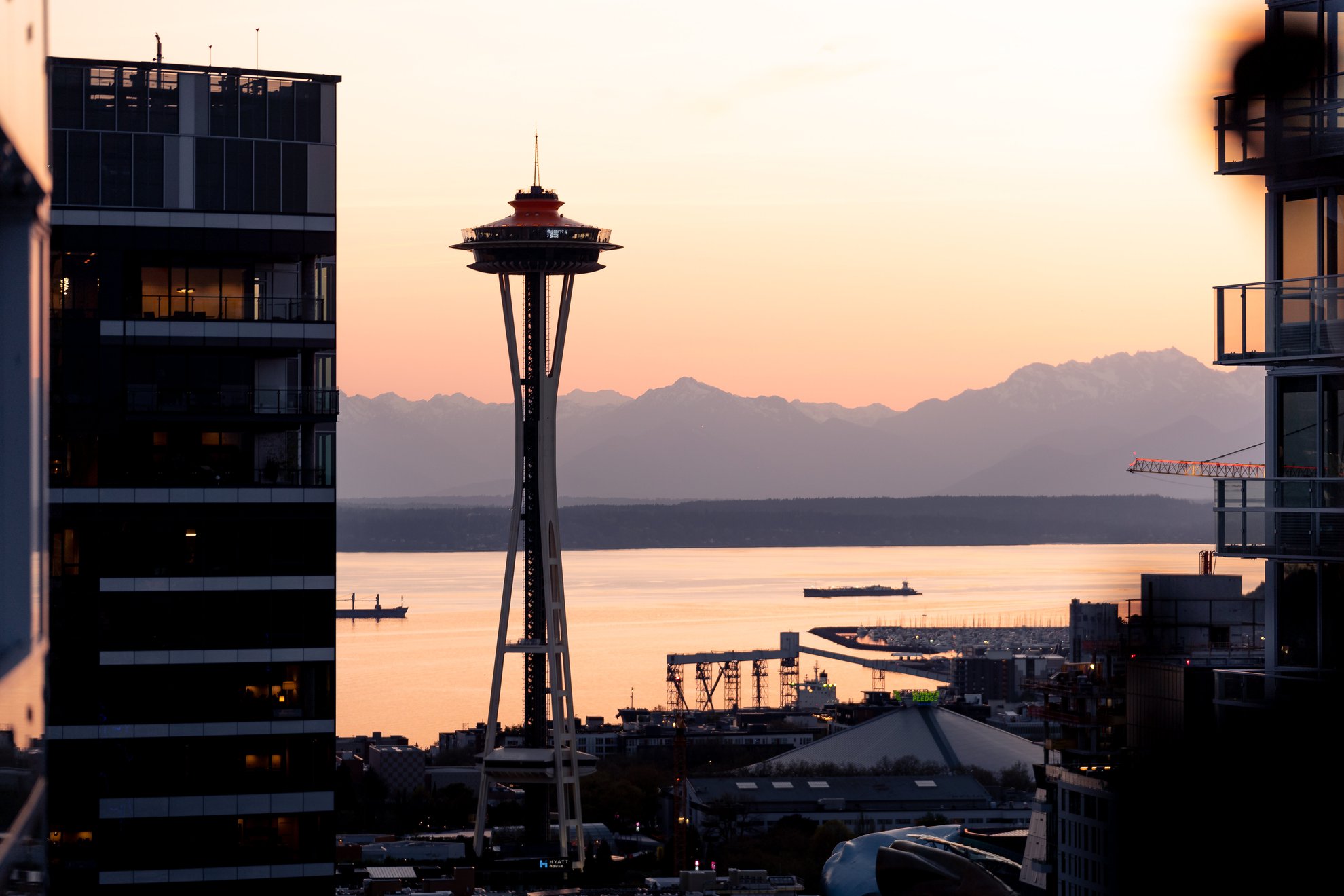 space needle in seattle during sunset