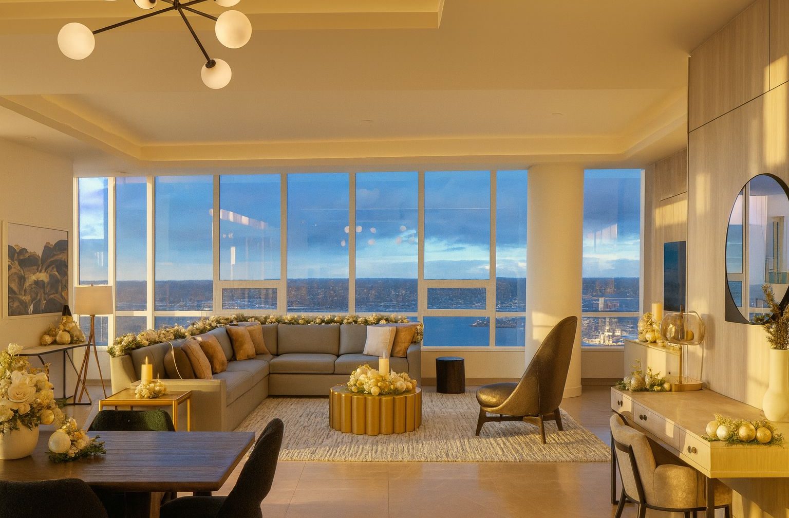 A modern, sunlit living room with large floor-to-ceiling windows, a beige sectional sofa, gold and neutral decor, fresh flowers, and views of a blue sky and water outside. A dining area and desk are also visible.