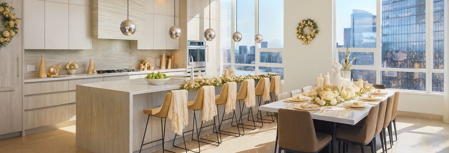 A modern kitchen and dining area decorated for the holidays with wreaths, white flowers, candles, and gold accents. Large windows let in natural light, and tall buildings are visible outside.