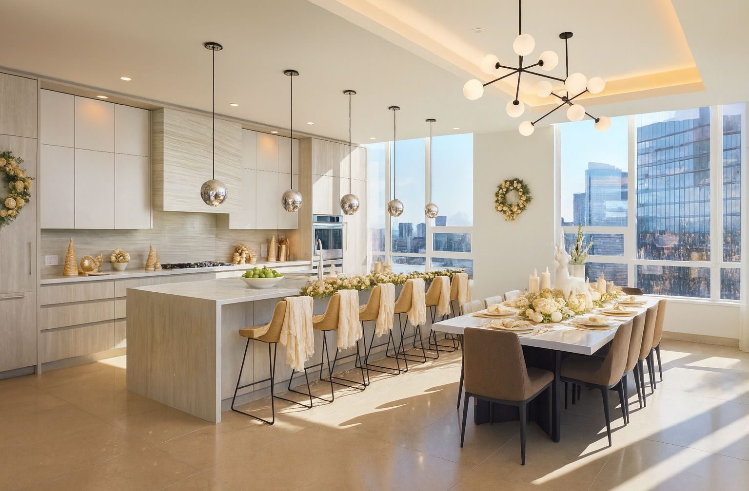 A modern kitchen and dining area with light wood cabinets, a large island with bar stools, an elegant dining table set for a meal, festive wreaths on the walls, and large windows letting in natural light.