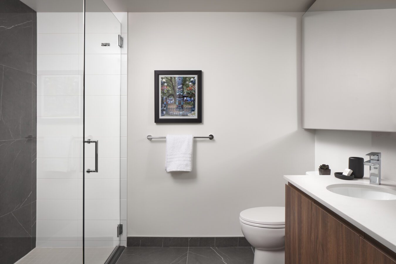Modern bathroom with glass shower, white walls, dark floor tiles, wooden vanity, and a framed painting above a towel rack holding a white towel. A toilet sits next to the vanity. Counter holds soap and tissues.