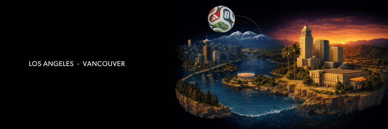 A soccer ball flies over a river between stylized cityscapes of Los Angeles and Vancouver at sunset, with stadiums and skyscrapers visible. Text reads: LOS ANGELES – VANCOUVER.