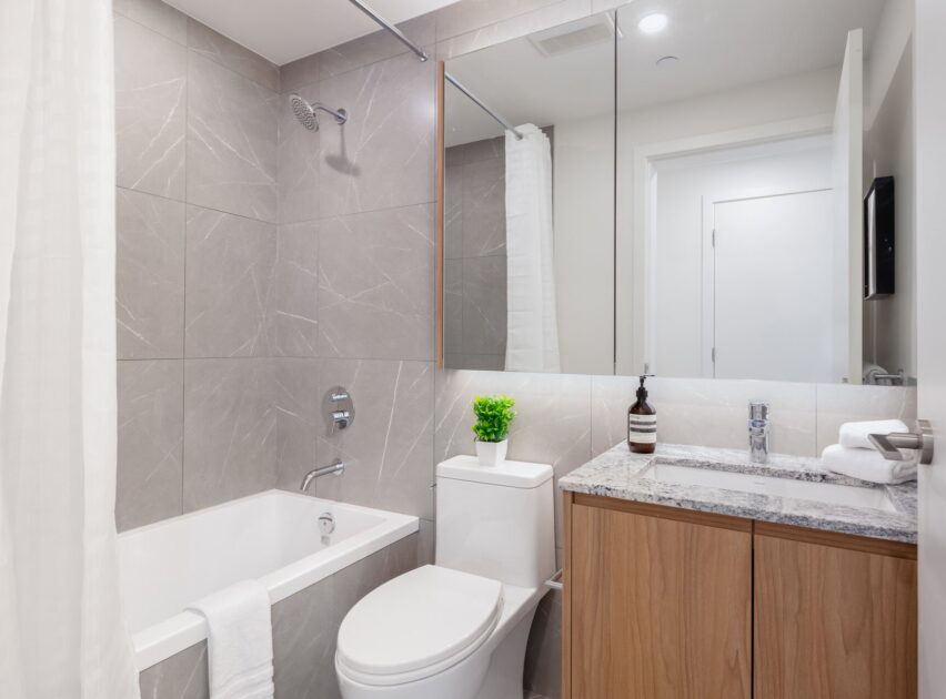 Modern bathroom with gray tiled walls, a bathtub with a white curtain, a toilet, a vanity with a granite countertop, a mirror cabinet, a small green plant, and soap dispenser. White towel hangs over the tub.