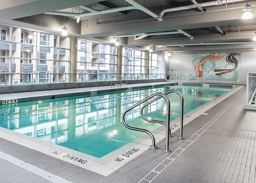 Indoor swimming pool with clear water, metal handrails, and large windows letting in natural light. No diving signs are visible along the pool edge, and a mural decorates the far wall.