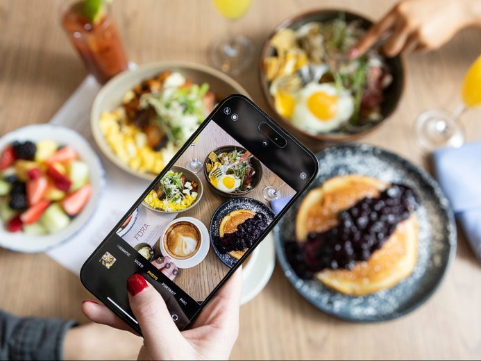 Overhead view of brunch items at Fora Chicago