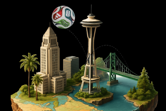 A digital illustration features iconic landmarks—the Los Angeles City Hall, Seattle’s Space Needle, a bridge, and a die—on an island with palm trees. Text reads: “LOS ANGELES - SEATTLE - VANCOUVER” on a black background.