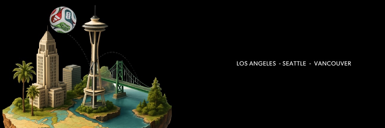An island with landmarks from Los Angeles, Seattle, and Vancouver, including the Space Needle and a city hall, with a bridge and trees. Three sports logos float above the buildings. Text: Los Angeles - Seattle - Vancouver.