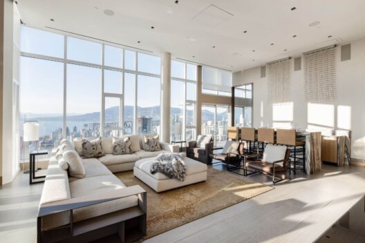 Modern high-rise living room with large windows, city and mountain views, neutral-toned furniture including two sofas, armchairs, a rug, dining table, and abundant natural light.