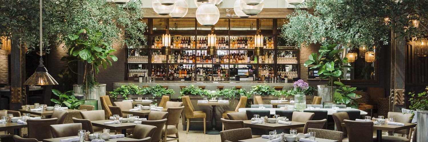 Elegant restaurant interior with lush green plants, round hanging lights, wooden tables set for dining, and a well-stocked bar in the background. The atmosphere is warm, inviting, and sophisticated.