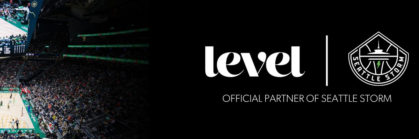 A basketball arena with a crowd is on the left; on the right, the Level logo, Seattle Storm logo, and text: Official Partner of Seattle Storm appear on a black background.