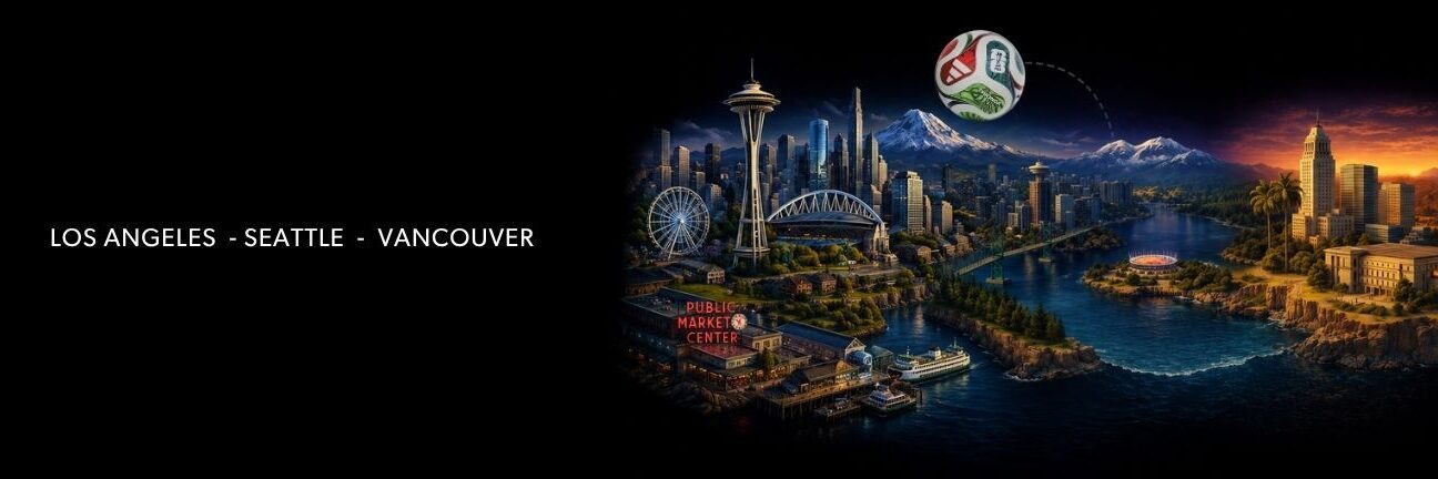 A digitally illustrated scene blends landmarks from Los Angeles, Seattle, and Vancouver, including the Space Needle and mountain ranges, with a soccer ball traveling between the cities. Text reads: “LOS ANGELES - SEATTLE - VANCOUVER.”.