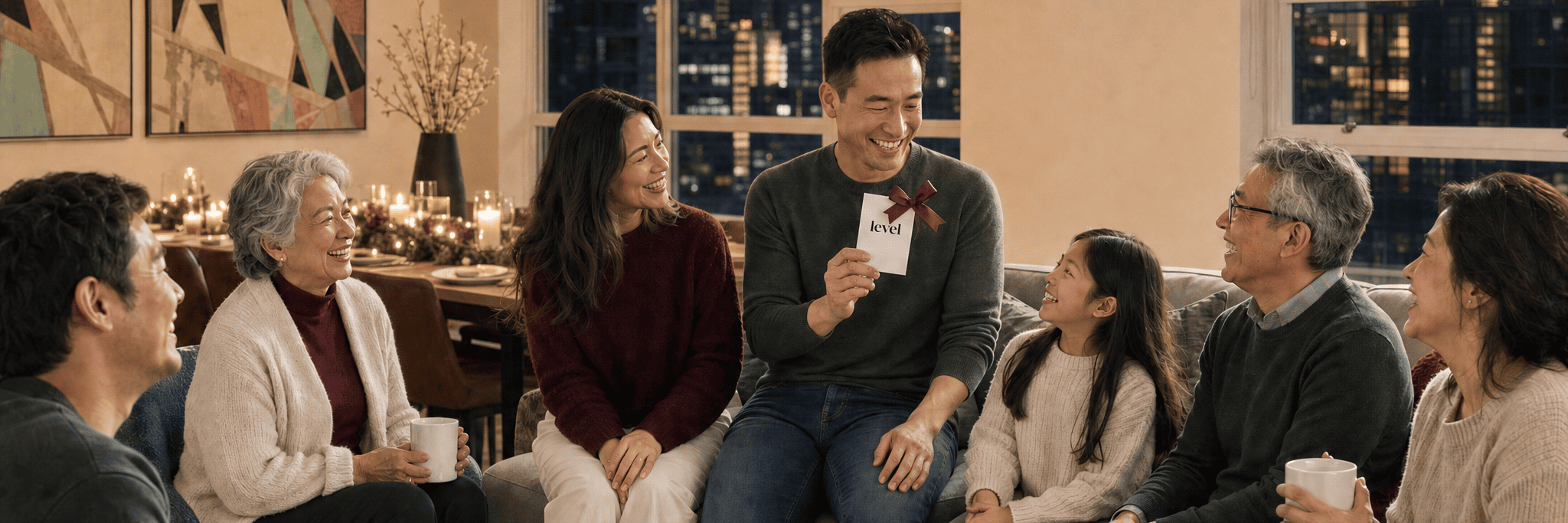 A family sits together on a couch, smiling and laughing. One man holds a gift card with a bow labeled leiki. The room is decorated with holiday lights and art, creating a warm, festive atmosphere.